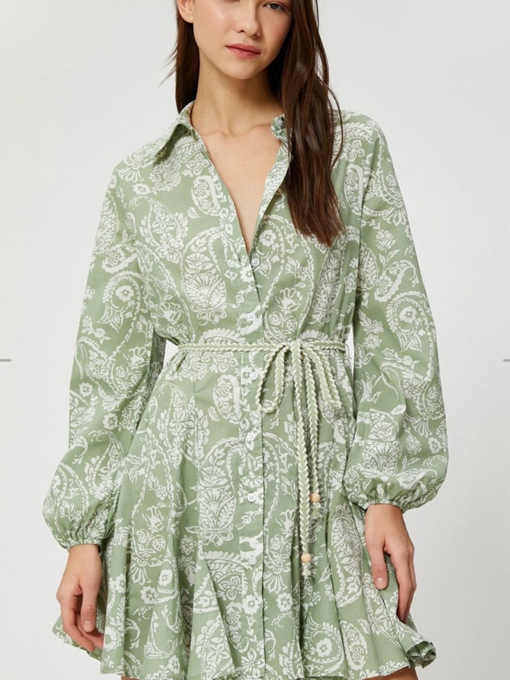 Zara Sage Green and White Paisley Long Sleeve Dress